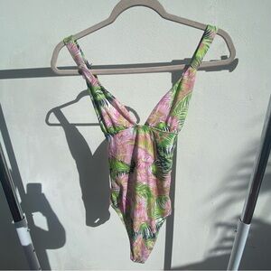 Onda de Mar Pink & Green Palm Tree Floral One Piece Swimsuit Size Medium